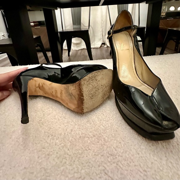 Yves St. Laurent,YSL Black Patent Leather Ankle Strap, Key Hole Platform - Picture 3 of 4